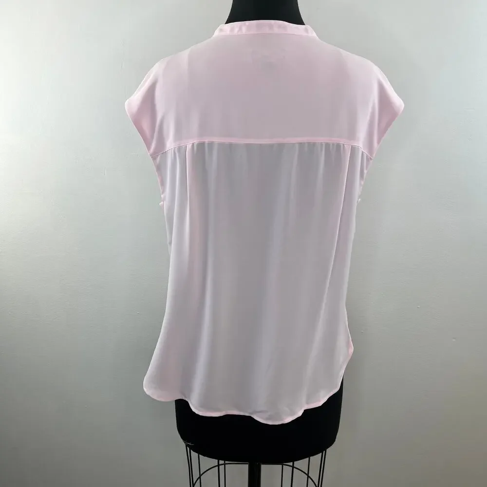 J. Crew 365 Drapey Cap-Sleeve Top Light Pink Slit Front Blouse Bib Front H8094 M